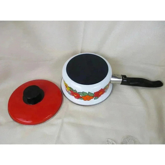 Enamel‎ saucepan, Flower quart pan, retro 1970 saucepan, Kitchen, Red Flowers, - Picture 4 of 4